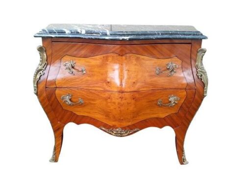 A 20th French Louis XV Style Walnut And Burr-Walnut Bombe Chest Of Drawers / Commode With Gilt Metal Mounts And Marble Top