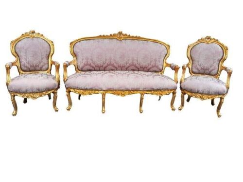 A French Louis XV Style And Gilt Painted Wooden Set Comprising Settee And Pair (Two) Armchairs