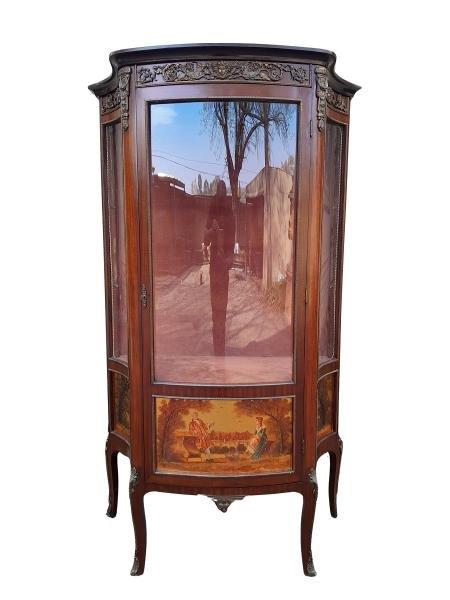 A 20th Century French Vernis Martin Style Vitrine With Gilt Metal Mounts And Marble Stone Top With Baize Covered Shelves