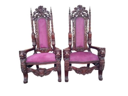 A Rare Pair Of Ornately Carved Renaissance Revival Mahogany Throne / King Chairs