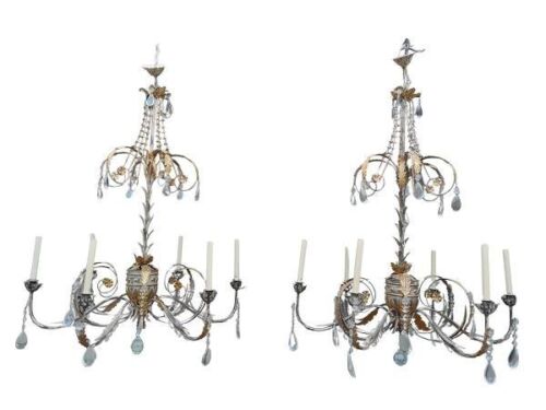 A 20th Century Rare Pair Of Toleware Gilt Painted Metal And Crystal Chandeliers