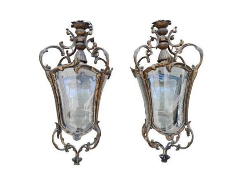 A Rare Pair Of French Style Brass And Glass Pendant Lanterns With Etched Glass Panes