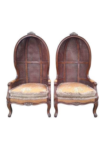 A 20th  Century Pair Of Rattan Dome / Canopy Chairs With Leather Upholstery Seats