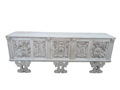 An Early 20th Century Ornately Carved Server / Cabinet With Shelves And Drawers Lined For Cutlery And Cupboards For Crockery In A Contemporary Bleached Finish