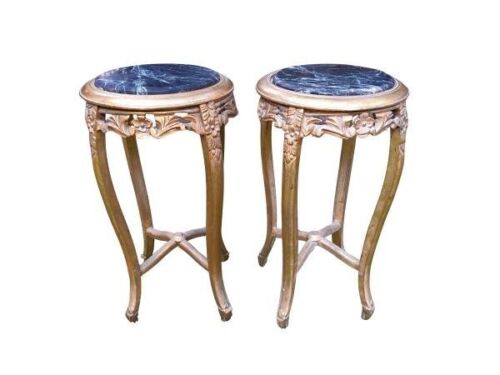 A Pair Of French Style Ornately Carved Giltwood Side Tables With Marble Tops