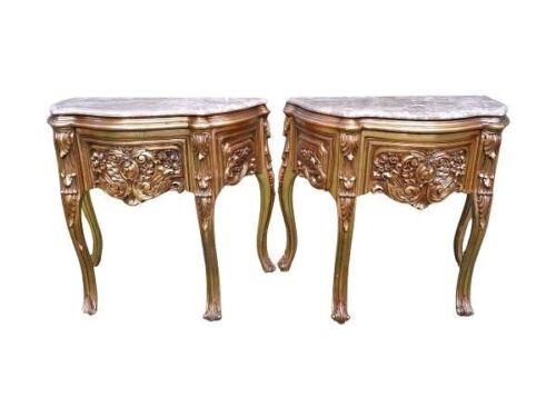 A Pair Of French Style Ornately Carved Giltwood Bedside / Pedestals  / Tables With Marble Tops