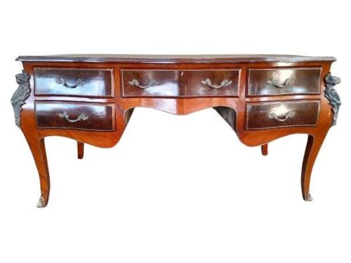 A French Louis XV Style Marquetry Serpentine Plat Desk / Table With Drawers And Leather Top And Ormolu Mounts