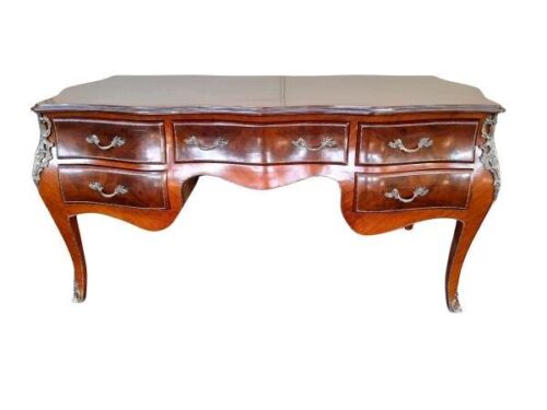 A French Louis XV Style Marquetry Serpentine Walnut Plat Desk / Table With Ormolu Mounts