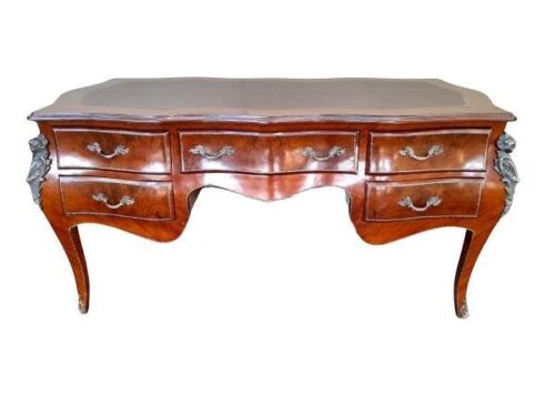 A French Louis XV Style Marquetry Serpentine Plat Desk / Table With Leather Top And Ormolu Mounts