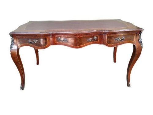 A French Louis XV Style Marquetry Serpentine Plat Desk / Table With Leather Top And Ormolu Mounts