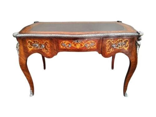 A French Walnut Louis XV Style Bureau Plat Desk With Marquetry Inlay & Leather Top And Ormolu Mounts