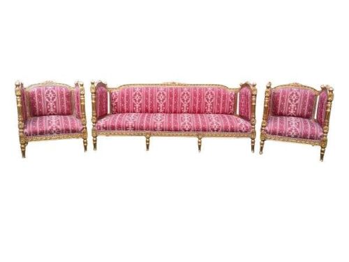 A 3 Piece French Style Ornately Carved  Giltwood Ornately Carved Settee With A Pair Of Matching Armchairs With Original Upholstery