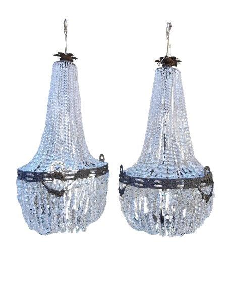 A Pair Of French Large Empire Style Brass & Crystal Chandeliers