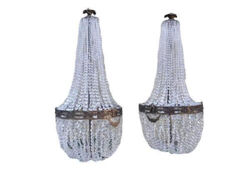 A Pair Of French Large Empire Style Brass & Crystal Chandeliers