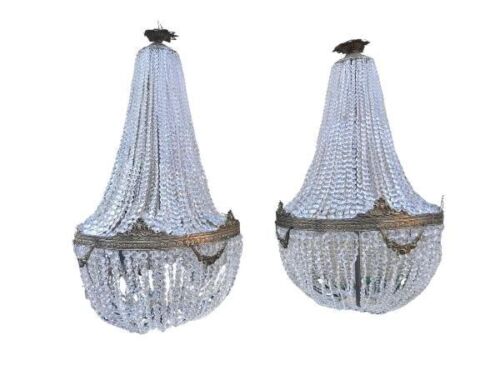 A Pair Of French Large Empire Style Brass & Crystal Large Chandeliers