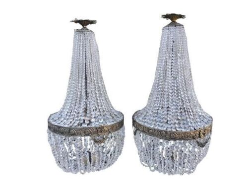 A Pair Of French L:Arge Empire Style Brass & Crystal Chandeliers
