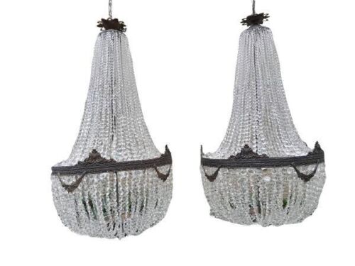 A Pair Of French Large Empire Style Brass & Crystal Large Chandeliers