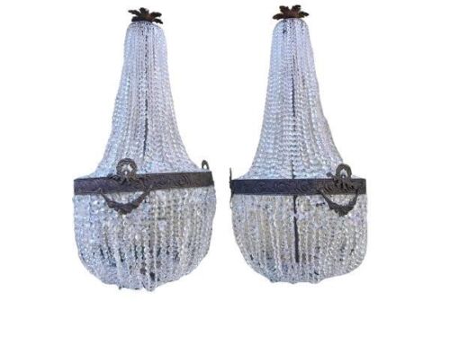 A Pair Of French Large  Empire Style Brass & Crystal Chandeliers