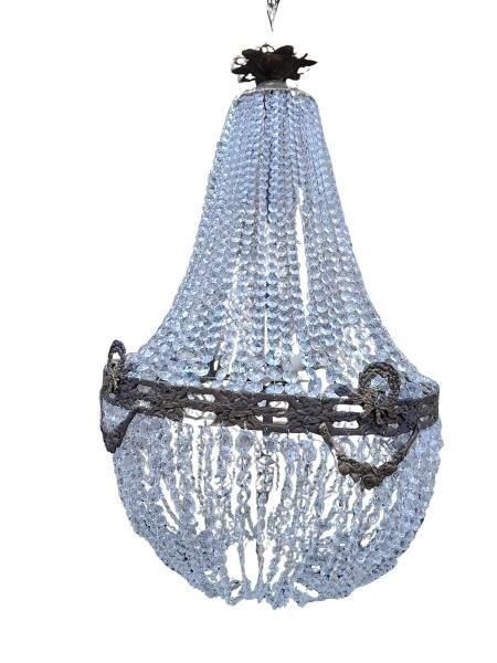 A French Large Empire Style Brass & Crystal Chandelier