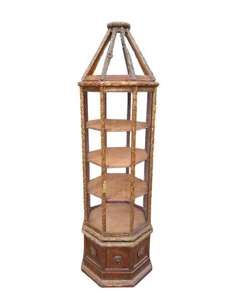 An Antique French Style Gold Leaf Vitrine With Four Shelves And A Door With Key