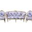 A French Style Ornately Carved Giltwood Settee With A Pair Of Armchairs Upholstered In A French Blue And White Toile Fabric