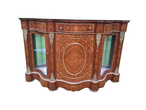 A French Louis XV Style Walnut & Mahogany Marquetry Inlaid Credenza / Display Cabinet With Gilt Metal Mounts / Ormolu And Marble Top