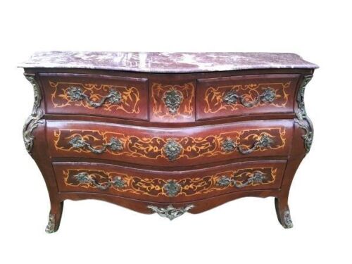 A French Louis XV Style Walnut & Marquetry Inlaid Bombe Chest Of Drawers With Gilt Metal Mounts / Ormolu And Marble Top