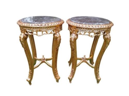 A Pair Of French Style Ornately Carved Giltwood Tables With Marble Tops