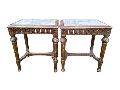 A Pair Of French Style Ornately Carved Giltwood Tables With Marble Tops
