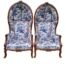 A Pair Of French Style Carved Wooden Dome Canopy Chairs (Dome Modelled On The Famous Louis XV Chair) In French Blue And White Toile Fabric