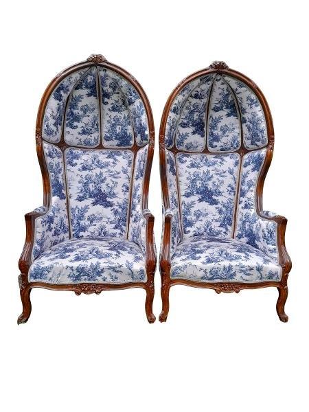 A Pair Of French Style Carved Wooden Dome Canopy Chairs (Dome Modelled On The Famous Louis XV Chair) In French Blue And White Toile Fabric
