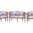A French Style Giltwood & Rattan Ornately Carved Settee With A Pair Of Armchairs In French Blue And White Toile Fabric