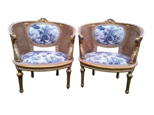 A Pair Of French Style Giltwood & Rattan Ornately Carved Armchairs In A French Blue And White Toile Fabric