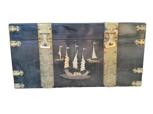 A 20th Century Chinese Black :Lacquer Teak Wood Chest With Brass Locks