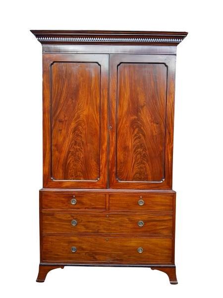 An Antique Georgian Circa 1800s Flame Mahogany Linen- Press  With Shelves and Drawers
