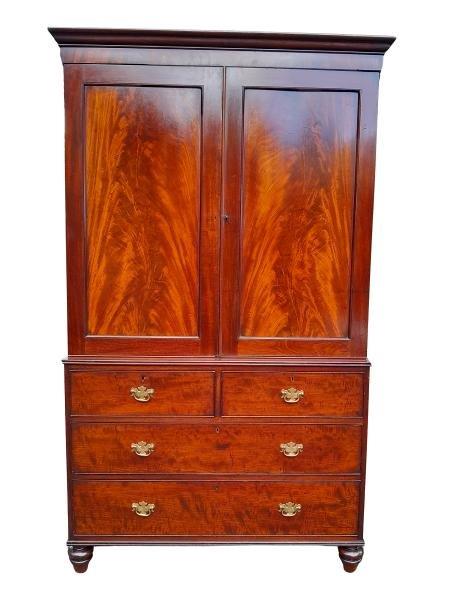 An Antique 19th Century Circa 1880 Victorian Flame Mahogany Linen Press With Shelves and Drawers