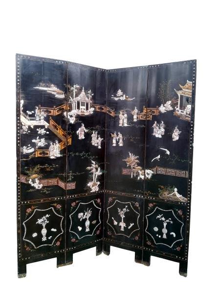 A 20th Century Oriental Black Lacquer And Mother Of Pearl Screen