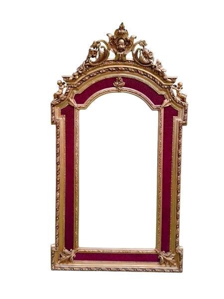 An Ornate Rococo Style Carved Giltwood And Bevelled Mirror With Burgandy Inner Lining