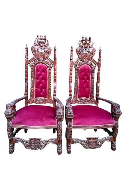 A Pair Of Ornately Carved Renaissance Revival Giltwood Throne / King Chairs