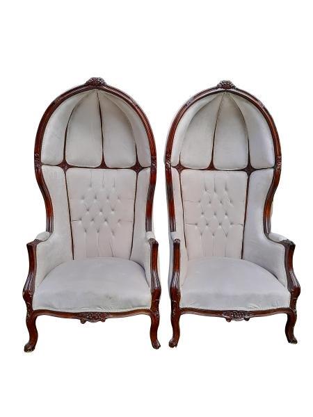 A Pair Of French Style Carved Wooden Dome Canopy Chairs (Dome Modelled On The Famous Louis XV Chair) In Cream Fabric