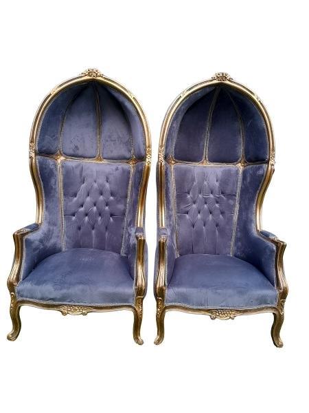 A Pair Of French Style Carved Giltwood Dome Canopy Chairs (Dome Modelled On The Famous Louis XV Chair) In Grey Fabric