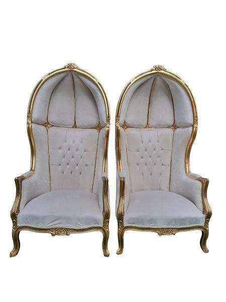 A Pair Of French Style Carved Giltwood Dome Canopy Chairs (Dome Modelled On The Famous Louis XV Chair) In A Cream Fabric