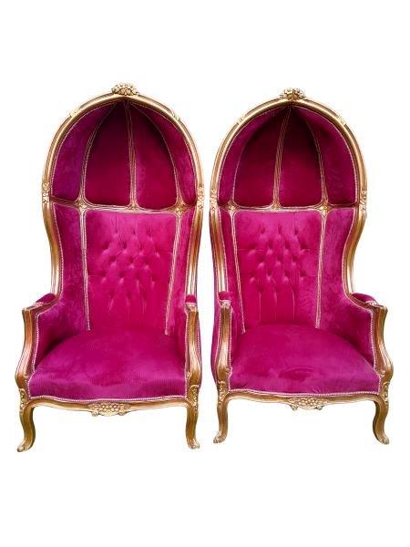 A Pair Of French Style Carved Giltwood Dome Canopy Chairs (Dome Modelled On The Famous Louis XV Chair) In A Burgandy Fabric