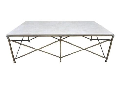 A Large Size Designer Wrought Iron Coffee Table in an Antique Gold Finish with Cream Marble Top Custom-Made For The Crown Collection
