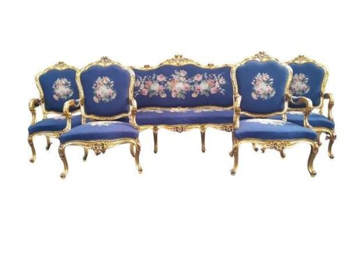 A 20th Century French Style Ornately Carved Giltwood Settee with Two Pairs of Armchairs Upholstered in Tapestry