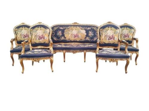 A 20th Century French Style Ornately Carved Giltwood Settee with 2 Pairs of Armchairs Upholstered in Tapestry