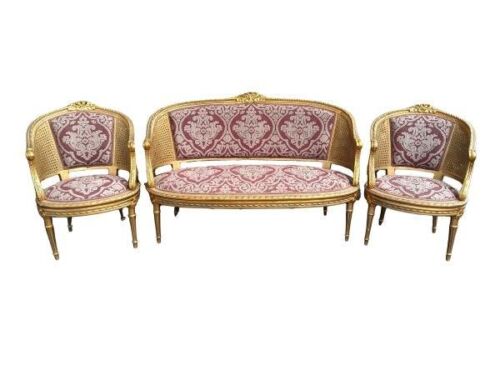 A French Style Giltwood & Rattan Ornately Carved Settee with A Pair of Armchairs in Original Fabric
