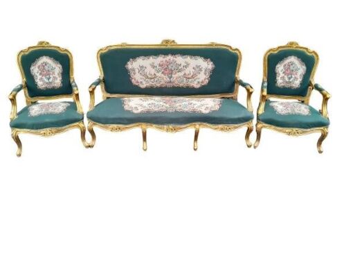 A French Style Ornately Carved Giltwood Settee with a Pair of Armchairs Upholstered in Tapestry