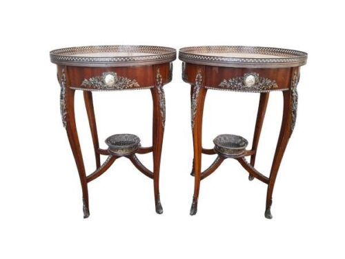 A Pair French Louis XV Style Walnut & Marquetry Inlaid Side tables
