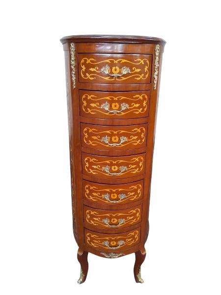 A French Louis XV Style Walnut & Marquetry Inlaid Semainier/Wellington Chest of Drawers